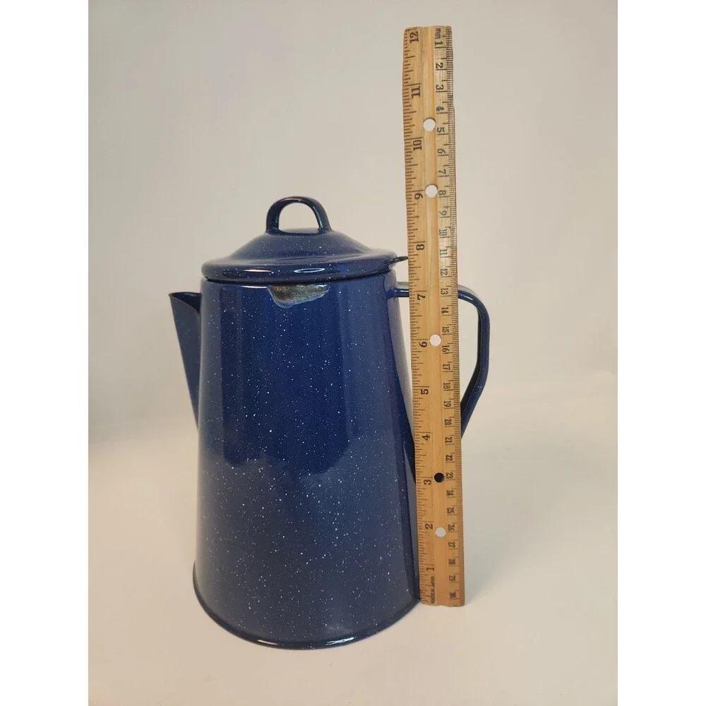 Enamel Coffee Pot Perculator 8 Cup Camp Coffee Pot Blue Speckled Enamel insert
